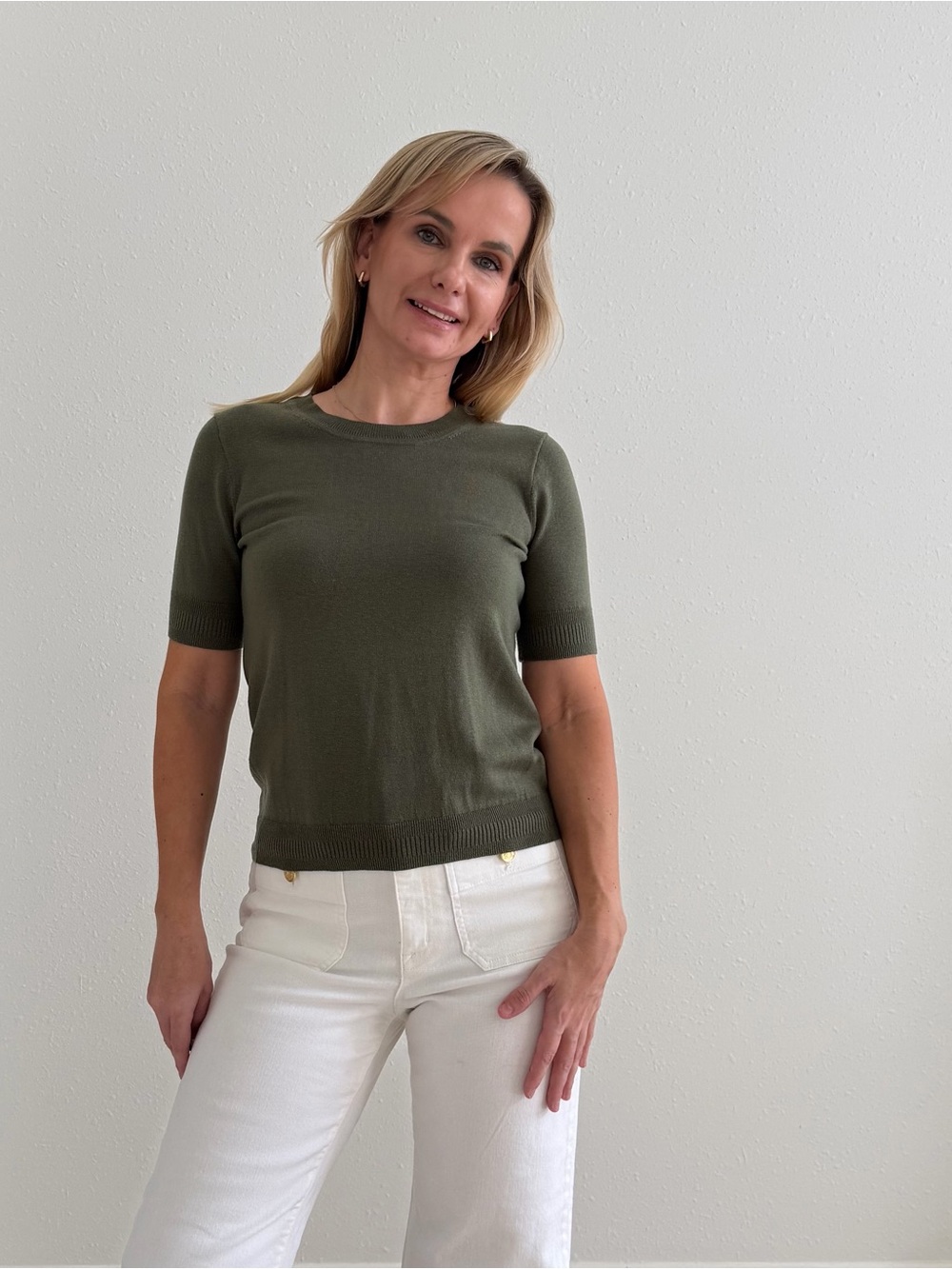 J.Crew Silk Blend Short Sleeve Crewneck Sweater Olive Green XS AL231